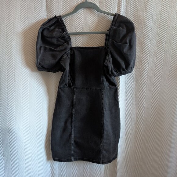H&M Grey Puff Sleeve Denim Mini Dress Small Bodycon Streetwear - Picture 1 of 11